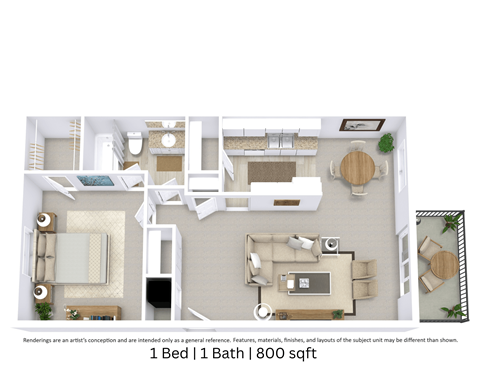 Floor plan for 1 bed, 1 bath, 761 sqft